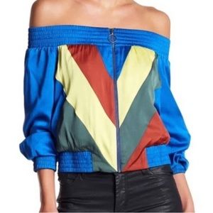 BCBG Maxazria Bomber Jacket XS Blue Off Shoulder zip  Colorblock Flora
